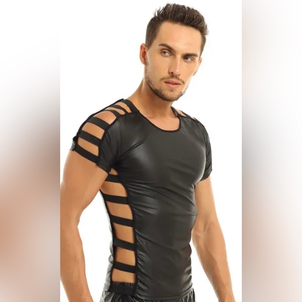 Black Tee in Wet Look Foil Coated Spandex with Elastic Straps